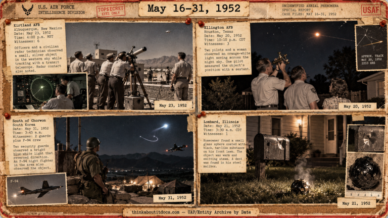 Four-panel 1952 dossier collage: Kirtland AFB officers at a transit telescope, Houston pilots with a sextant, a Korean guard watching a bright light, and a steaming tar-covered glass marble in Lombard, Illinois.