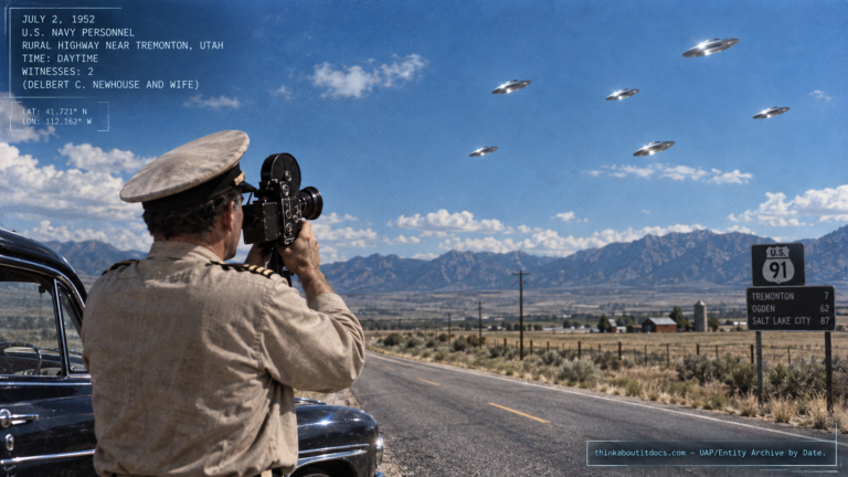 Illustration of Navy photographer Delbert Newhouse filming a cluster of silver disc-shaped UFOs over Tremonton, Utah in 1952