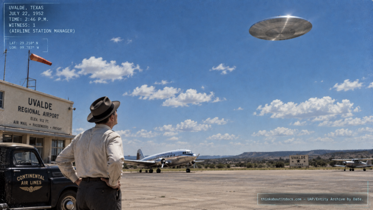 Illustration of the 1952 Uvalde, Texas UFO sighting witnessed by Trans-Texas Airlines station manager Don Epperly