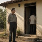 Illustration of a tall humanoid visitor at a rural Brazilian doorway speaking with Dino Kraspedon, Angatuba, April 1953