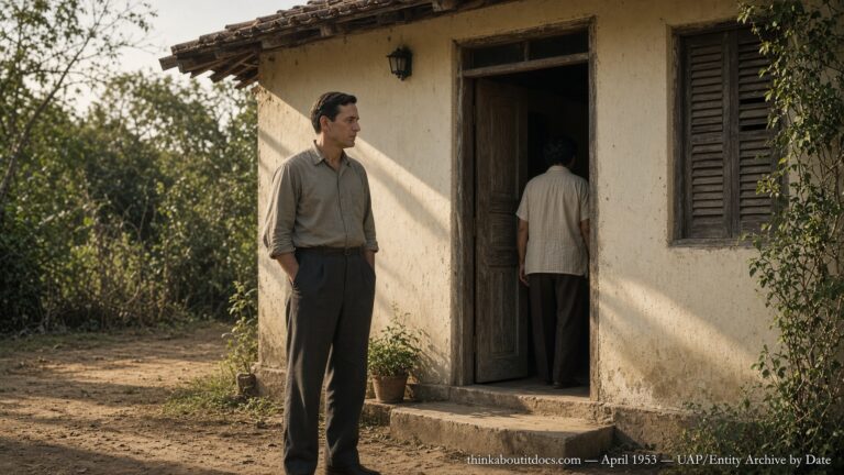 Illustration of a tall humanoid visitor at a rural Brazilian doorway speaking with Dino Kraspedon, Angatuba, April 1953