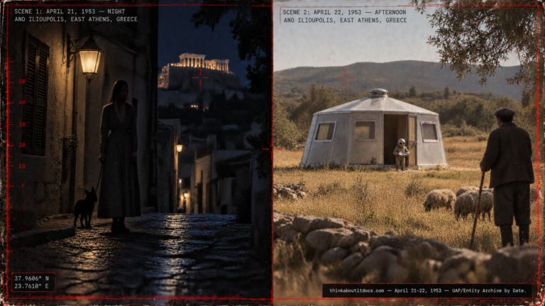 Illustration of a strange woman with a shadow-dog on an Athens street and a landed aluminum hut craft with dwarf entities in a nearby field, April 21-22, 1953
