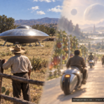 Illustration of a round craft landed on a Mexican ranch and a dreamlike alien-world scene with motorcycle-like vehicles and soilless plants, October 1953