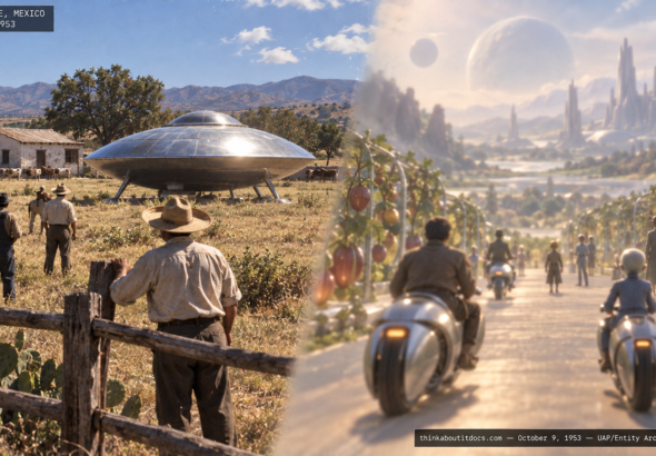 Illustration of a round craft landed on a Mexican ranch and a dreamlike alien-world scene with motorcycle-like vehicles and soilless plants, October 1953
