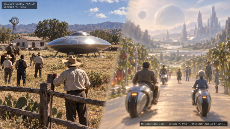 Illustration of a round craft landed on a Mexican ranch and a dreamlike alien-world scene with motorcycle-like vehicles and soilless plants, October 1953