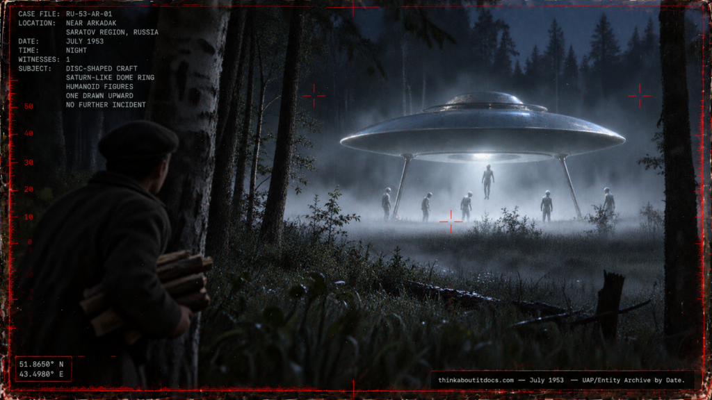 Illustration of a Saturn-ringed, lens-shaped craft in a foggy Russian forest clearing with luminous-suited figures being drawn upward into it, July 1953