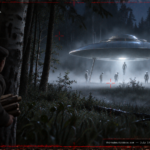 Illustration of a Saturn-ringed, lens-shaped craft in a foggy Russian forest clearing with luminous-suited figures being drawn upward into it, July 1953