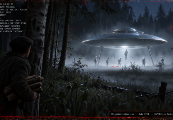 Illustration of a Saturn-ringed, lens-shaped craft in a foggy Russian forest clearing with luminous-suited figures being drawn upward into it, July 1953