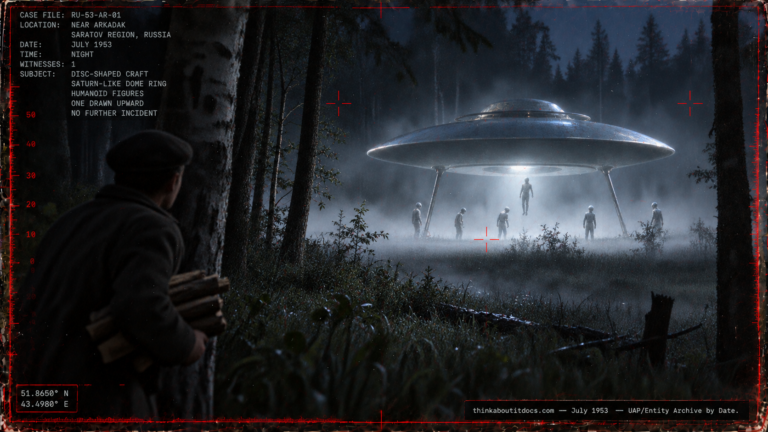 Illustration of a Saturn-ringed, lens-shaped craft in a foggy Russian forest clearing with luminous-suited figures being drawn upward into it, July 1953