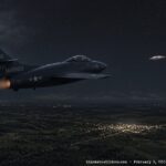 Illustration of a Marine Corps F9F Panther jet pursuing a silver object with red running lights at night near the Virginia-North Carolina border, February 9, 1953