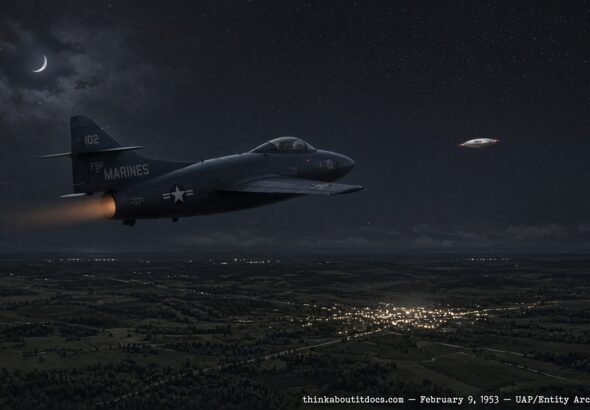 Illustration of a Marine Corps F9F Panther jet pursuing a silver object with red running lights at night near the Virginia-North Carolina border, February 9, 1953