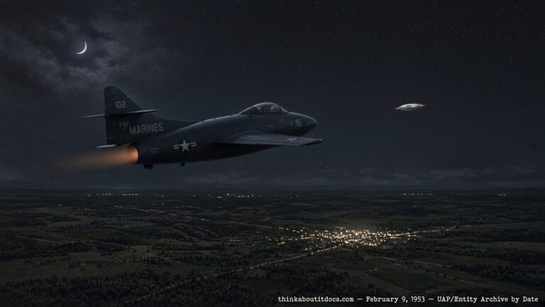 Illustration of a Marine Corps F9F Panther jet pursuing a silver object with red running lights at night near the Virginia-North Carolina border, February 9, 1953