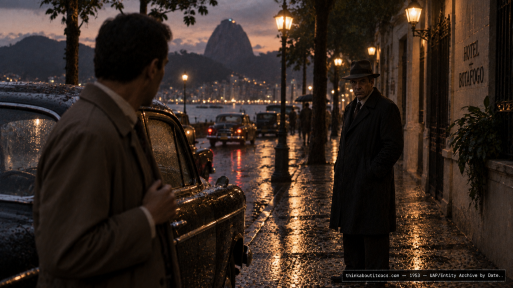 Illustration of a man in a dark raincoat staring at a witness on a rain-damp Rio de Janeiro street at dusk, 1953
