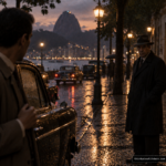 Illustration of a man in a dark raincoat staring at a witness on a rain-damp Rio de Janeiro street at dusk, 1953