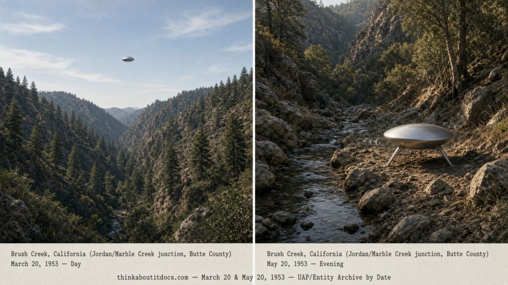 Illustration of a silvery tripod-legged disc landed beside a stream in a Northern California canyon, with heat-shimmer visible on nearby rocks, March and May 1953