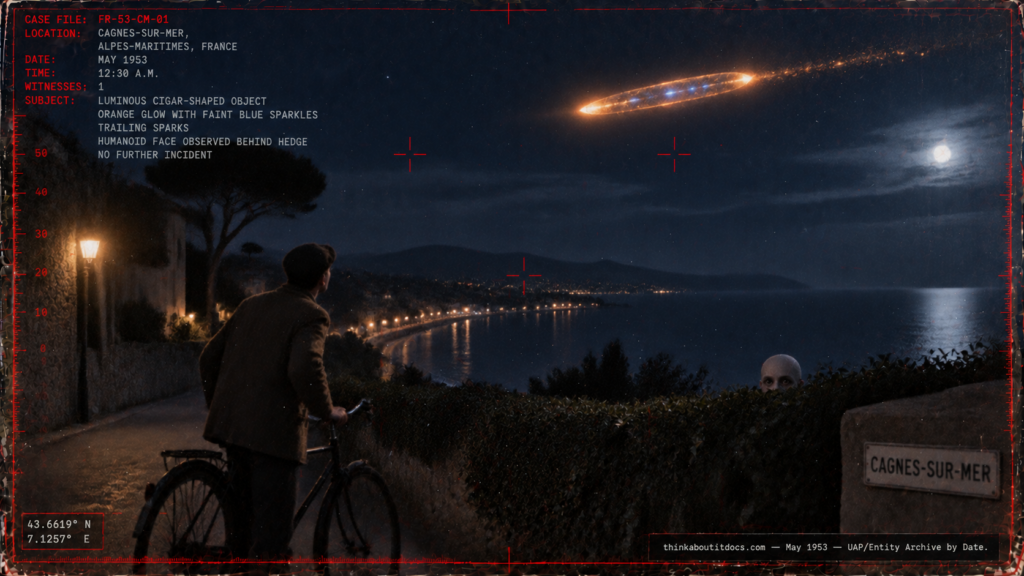 Illustration of an orange luminous cigar-shaped object over a French coastal road and a pale bald face peering over a hedge, Cagnes-sur-Mer, May 1953