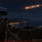 Illustration of an orange luminous cigar-shaped object over a French coastal road and a pale bald face peering over a hedge, Cagnes-sur-Mer, May 1953