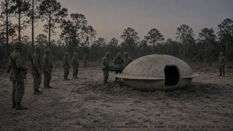 Illustration of an egg-shaped craft crash-landed in scorched sand near Camp Polk, Louisiana with small helmeted entities and Army personnel nearby, summer 1953