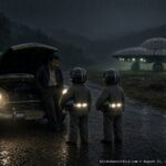 Illustration of a stranded taxi driver meeting two small gray-suited beings on a rainy Mexican road, with a disc-shaped craft visible in a nearby field, August 1953