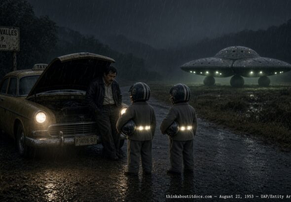 Illustration of a stranded taxi driver meeting two small gray-suited beings on a rainy Mexican road, with a disc-shaped craft visible in a nearby field, August 1953