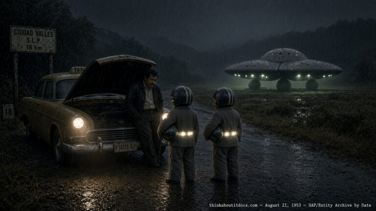 Illustration of a stranded taxi driver meeting two small gray-suited beings on a rainy Mexican road, with a disc-shaped craft visible in a nearby field, August 1953