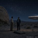 Illustration of George Van Tassel meeting a man named Solgando near a hovering craft in the Mojave Desert by Giant Rock, California, August 24, 1953
