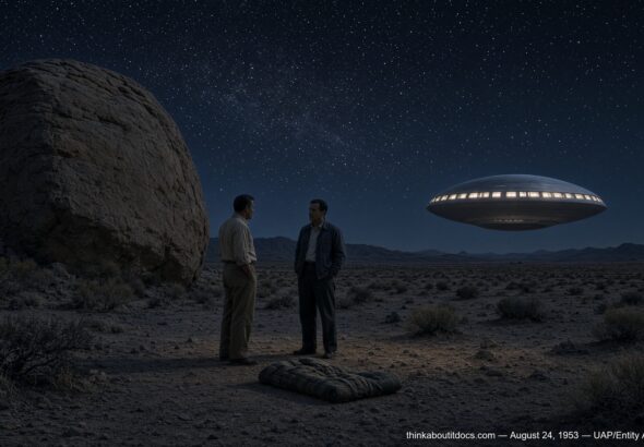 Illustration of George Van Tassel meeting a man named Solgando near a hovering craft in the Mojave Desert by Giant Rock, California, August 24, 1953