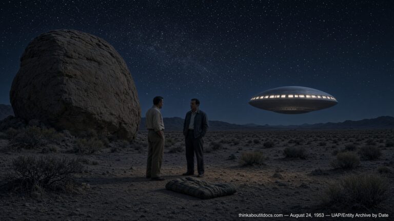Illustration of George Van Tassel meeting a man named Solgando near a hovering craft in the Mojave Desert by Giant Rock, California, August 24, 1953
