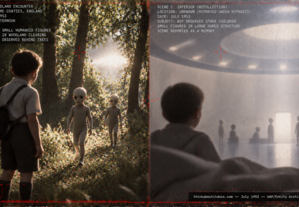 Illustration of a boy encountering small pale figures in an English woodland clearing with a glowing light behind the trees, July 1953