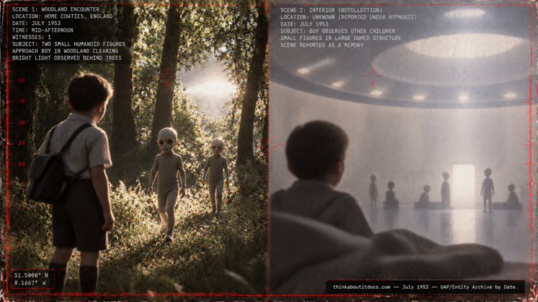 Illustration of a boy encountering small pale figures in an English woodland clearing with a glowing light behind the trees, July 1953