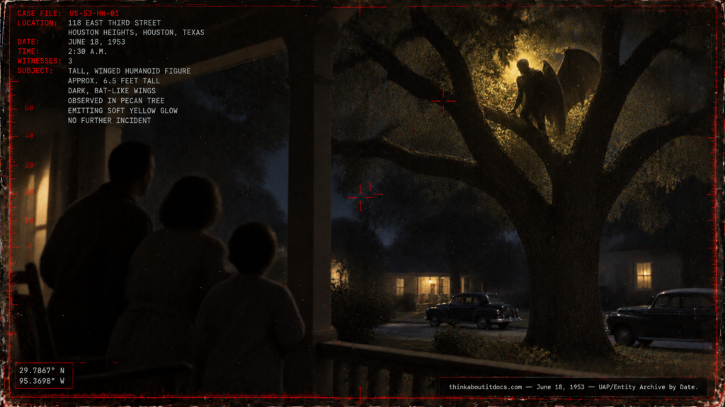 Illustration of a tall winged humanoid figure glowing yellow in a pecan tree above a Houston porch, June 18, 1953
