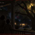Illustration of a tall winged humanoid figure glowing yellow in a pecan tree above a Houston porch, June 18, 1953