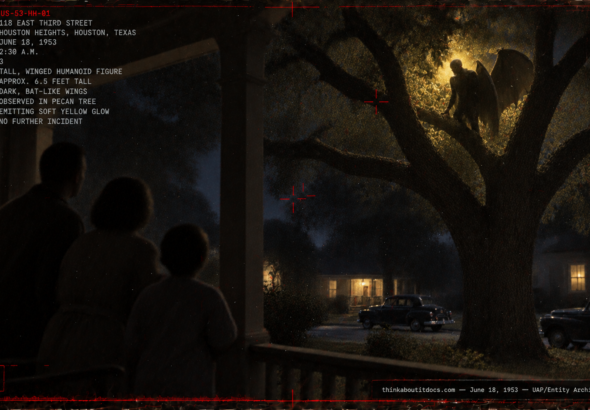 Illustration of a tall winged humanoid figure glowing yellow in a pecan tree above a Houston porch, June 18, 1953