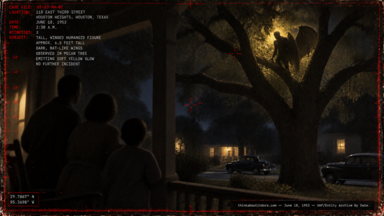 Illustration of a tall winged humanoid figure glowing yellow in a pecan tree above a Houston porch, June 18, 1953