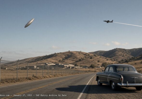 Illustration of a satin-aluminum metallic disc climbing steeply near a jet's contrail over Livermore, California, January 27, 1953