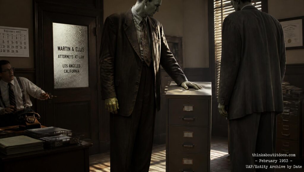 Illustration of two tall, bluish-green-skinned strangers beside a dented steel filing cabinet in a Los Angeles attorney's office, February 1953