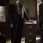 Illustration of two tall, bluish-green-skinned strangers beside a dented steel filing cabinet in a Los Angeles attorney's office, February 1953