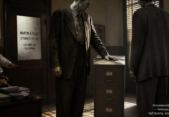 Illustration of two tall, bluish-green-skinned strangers beside a dented steel filing cabinet in a Los Angeles attorney's office, February 1953