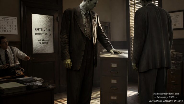 Illustration of two tall, bluish-green-skinned strangers beside a dented steel filing cabinet in a Los Angeles attorney's office, February 1953