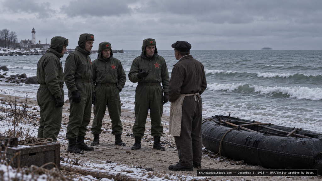 Illustration of four men in green suits with red star emblems on a Lake Michigan shore near Racine, Wisconsin, December 6, 1953