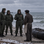 Illustration of four men in green suits with red star emblems on a Lake Michigan shore near Racine, Wisconsin, December 6, 1953