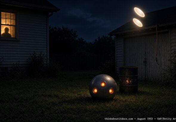Illustration of a grounded fiery-ported object and a separate pulsing oval light near a garage in Shelby, Ohio, August 1953