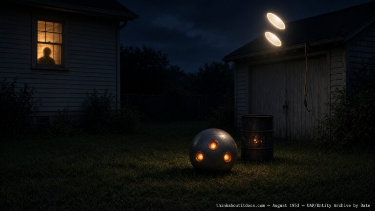Illustration of a grounded fiery-ported object and a separate pulsing oval light near a garage in Shelby, Ohio, August 1953