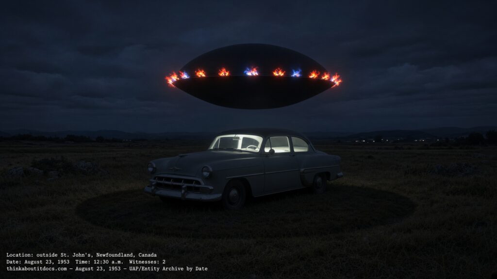 Illustration of a flame-ringed black circular object hovering low over a parked car at night near St. John's, Newfoundland, August 23, 1953