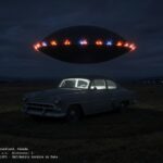 Illustration of a flame-ringed black circular object hovering low over a parked car at night near St. John's, Newfoundland, August 23, 1953