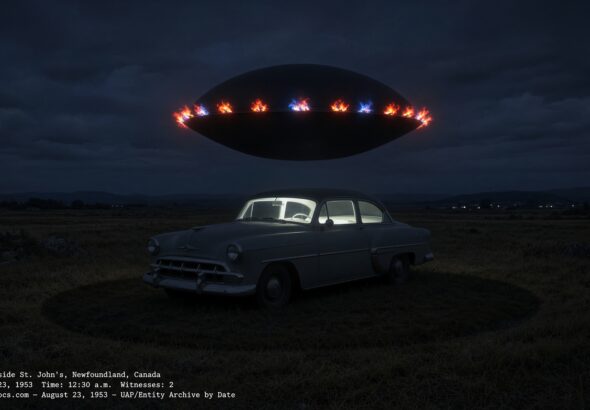 Illustration of a flame-ringed black circular object hovering low over a parked car at night near St. John's, Newfoundland, August 23, 1953