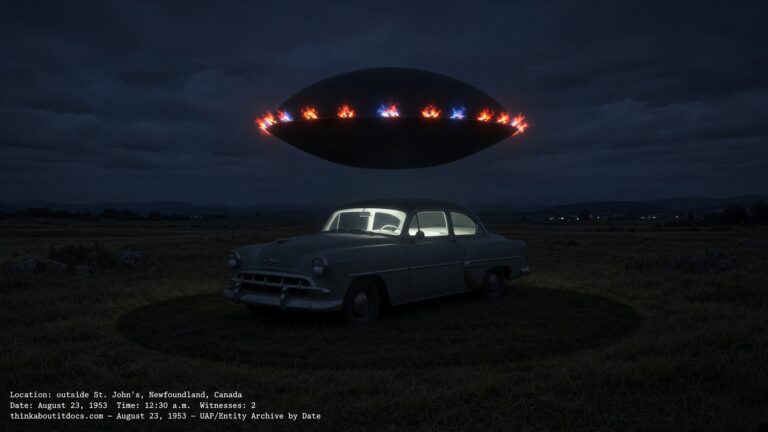 Illustration of a flame-ringed black circular object hovering low over a parked car at night near St. John's, Newfoundland, August 23, 1953