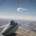 Illustration of an F-84 jet pursuing a manta-ray-shaped object with an unusual split contrail over the Colorado River near Parker Dam, March 3, 1953