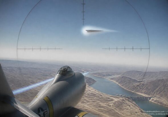 Illustration of an F-84 jet pursuing a manta-ray-shaped object with an unusual split contrail over the Colorado River near Parker Dam, March 3, 1953