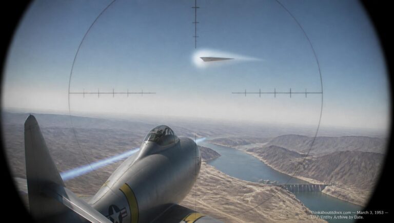 Illustration of an F-84 jet pursuing a manta-ray-shaped object with an unusual split contrail over the Colorado River near Parker Dam, March 3, 1953